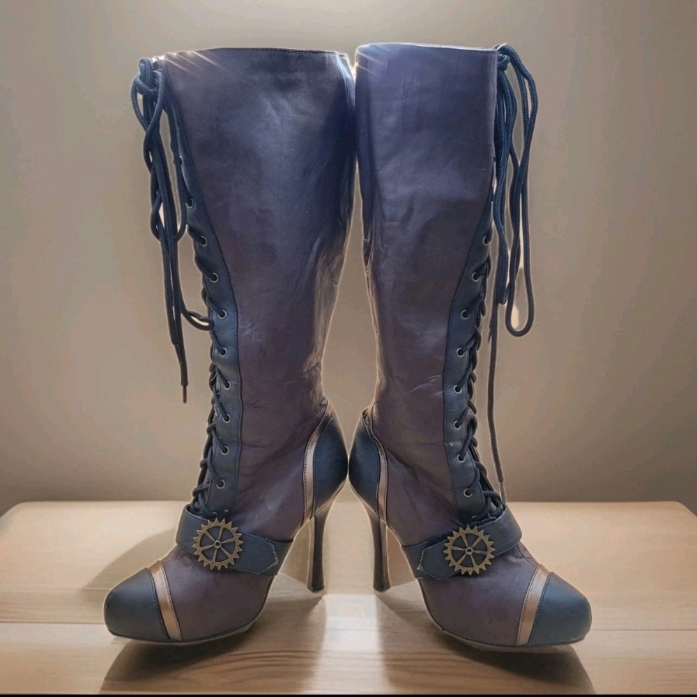 Ellie brown 4" Heels womens Steampunk knee boots Size 8 Grunge Goth Zip And Tie